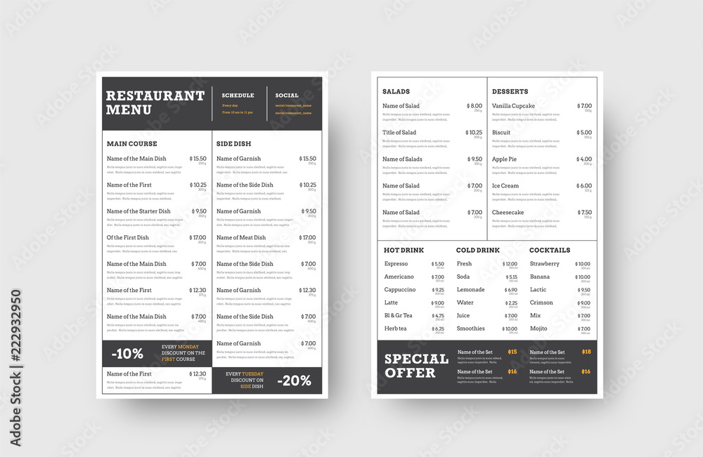 Poster design the front and back pages of the menu for a restaurant or cafe, divided into blocks for dishes