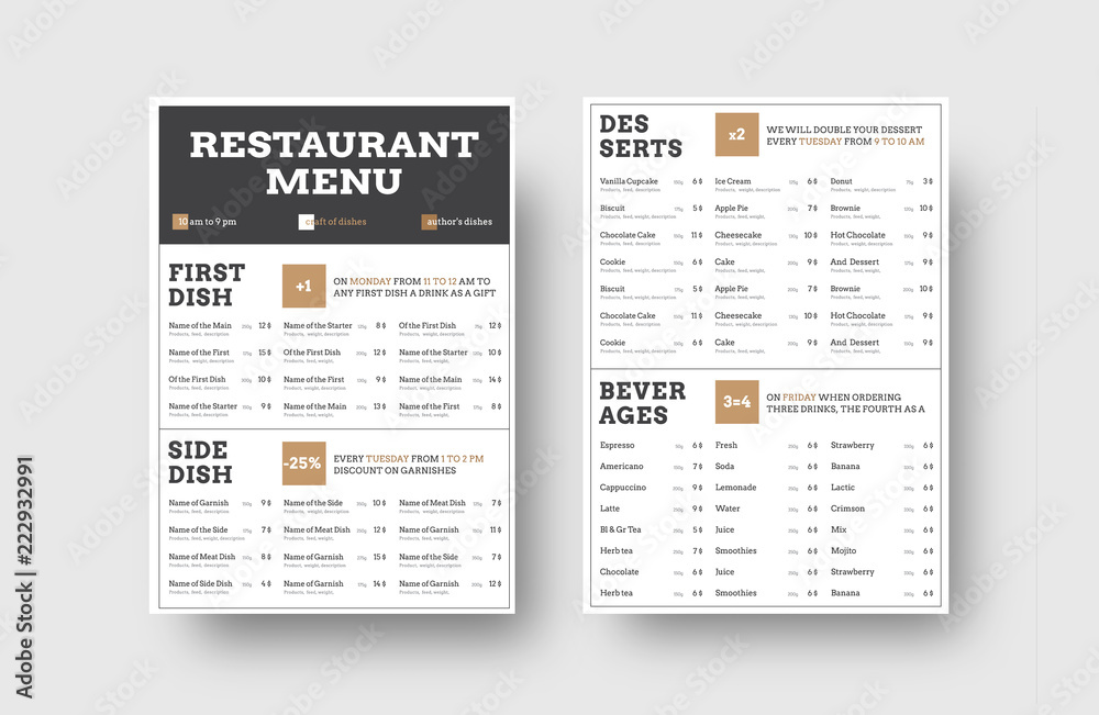 Aufkleber vector menu template for cafes or restaurants with division into blocks for information.