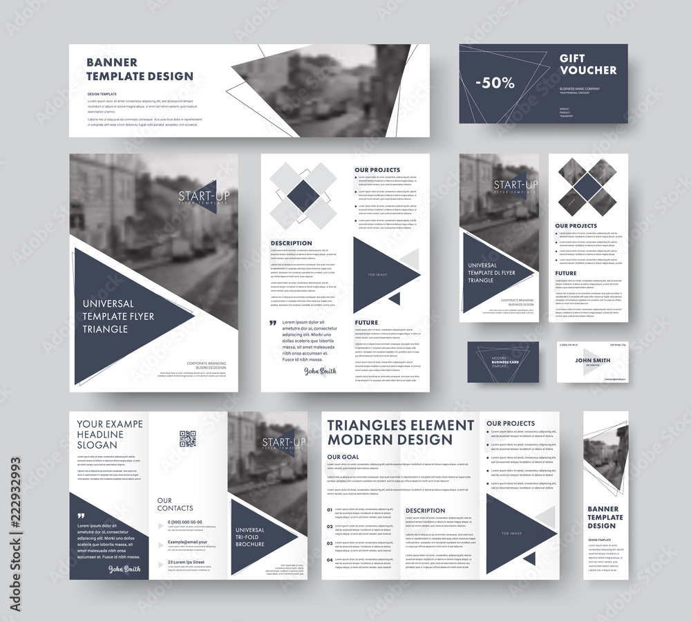 Poster set of modern corporate style with triangular design elements, lines and a place for photos.