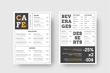 Vector design menu for cafes and restaurants with horizontal blocks for food and drinks. - obrazy, fototapety, plakaty