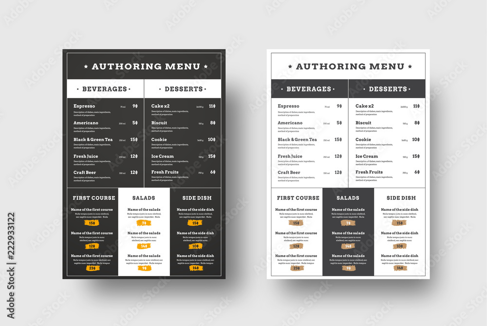 Aufkleber vector template menu for cafes and restaurants blocks for the menu.