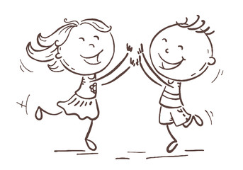 Boy and girl jumping with joy, cartoon vector