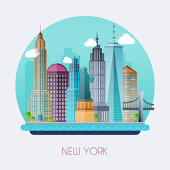 New York City. Skyline and vector landscape of buildings and the Statue of Liberty. Vector illustration.
