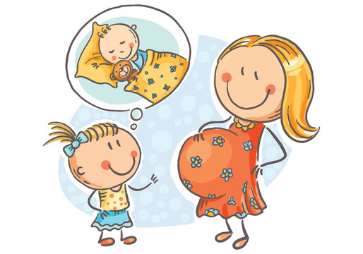 Pregnant mother and little daughter talking about the future baby, vector illustration
