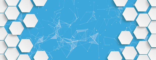 White Hexagon Structure Network Blue Centre Header - obrazy, fototapety, plakaty