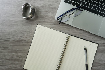 Flat lay laptop grey background