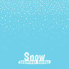 New Year, Christmas border, frame template. Seamless in horizontal direction. Winter background, hand drawn falling snow texture, uneven round fading chaotic dots, snowflakes, flakes, pearls, blobs.