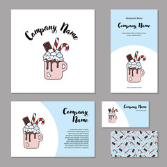 Set corporate branding. Christmas sweet drink. Hot chocolate with marshmallow, candies and chocolate in cup. Template cover brochure, booklet and business card for restaurant, cafe or pastry shop. 
