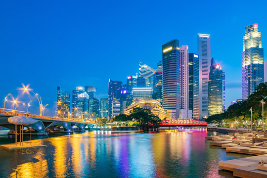 Singapore financial district skyline at Marina bay on twilight time, Singapore city, South east asia.