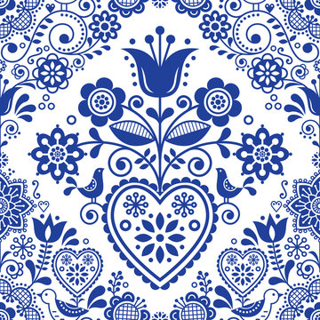 Fototapeta Seamless folk art vector pattern with birds and flowers, Scandinavian or Nordic navy blue repetitive floral design  