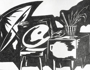 interior of the artist's Studio, black and white drawing