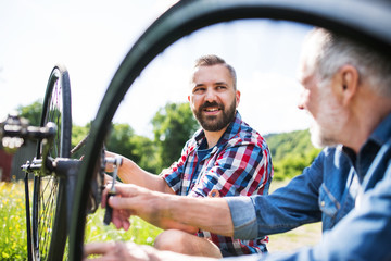 An adult hipster son and senior father repairing bicycle outside on a sunny day.