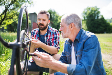 An adult hipster son and senior father repairing bicycle outside on a sunny day.