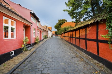 Traditional colorful half-timbered houses in Ronne, Bornholm, Denmark