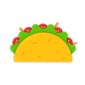 Traditional mexican snack food taco drawing. Tasty beef or chicken meat, salad, tomato and carrot sticks in delicious tacos isolated on white background. Vector illustration for cafe festival menu