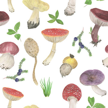 Watercolor painting seamless pattern with autumn leaves and mushrooms