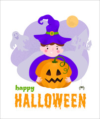 Halloween. Happy boy, pumpkin and witches hat. Background with Castle, ghost, moon. Vector illustration in cartoon style. Card or poster for holiday or party