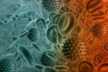 Virus infected blood cells. 3d illustration