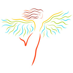 Running winged girl with long wavy hair