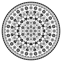 Floral Scandinavian mandala design, folk art seamless vector pattern with flowers, black and white floral repetitive ornament
