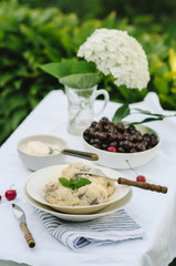 Homemade traditional Russian Ukrainian dumplings, vareniki with cherries
