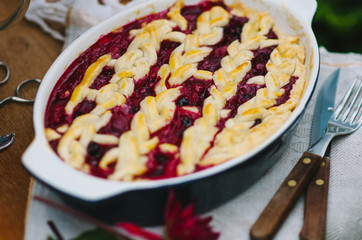 Homemade cherry pie on rustic background