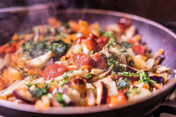 Vegetables in the pan. Vegetable stew.