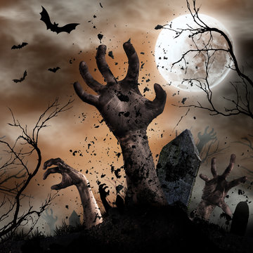 Scary Halloween background with zombie hands.