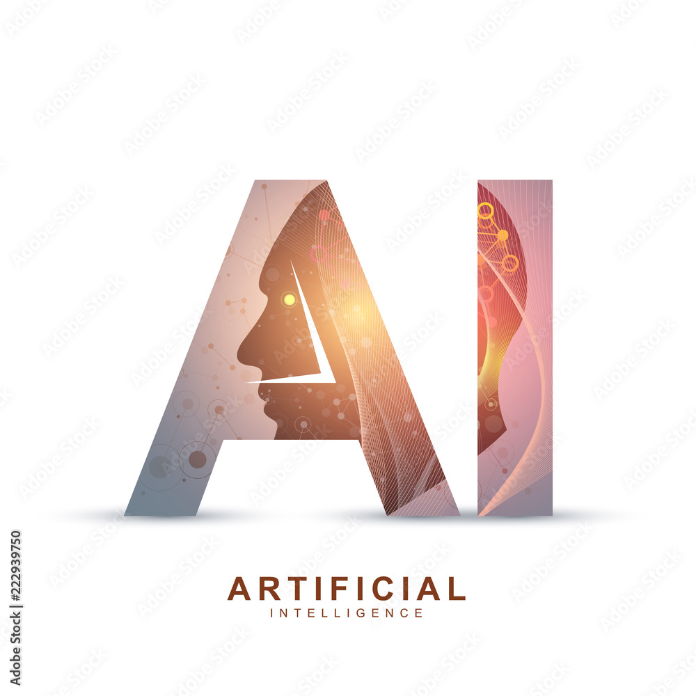 Poster Artificial Intelligence Logo. Artificial Intelligence and Machine Learning Concept. Vector symbol AI. Neural networks and another modern technologies concepts. Technology sci-fi concept