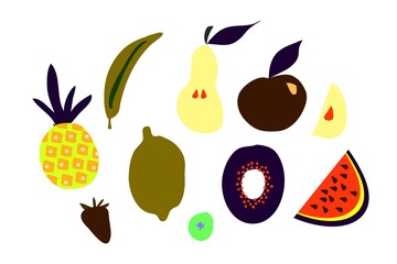 Fruit illustration. Banana, apple, watermelon, lemon, pineapple