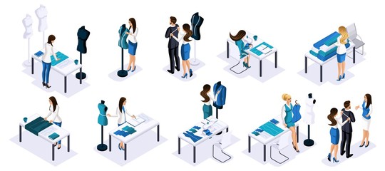 Isometry Tailor workshop, set of tailors, seamstress and designer, create new clothes for sale. The entrepreneur working for himself, his own business