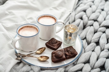Tray with two cups of hot chocolate