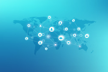 Naklejka premium Social media network and marketing concept on World Map background. Global business concept and internet technology, Analytical networks. Vector illustration