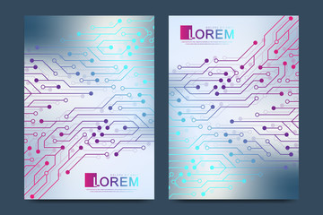 Modern vector template for brochure, leaflet, flyer, cover, catalog, magazine, banner or annual report. Computer motherboard background with circuit board electronic texture, engineering concept, A4