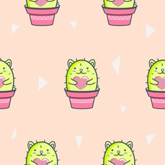 Cute kawaii cat cactus in a flowerpot with heart. Swamless pattern.