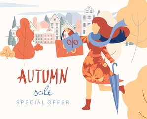 Autumn sale. Cityscape poster with girl going shopping.