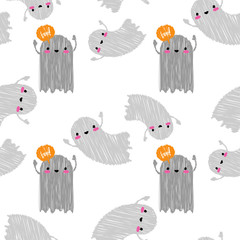 Seamless decorative vector background Happy Halloween. Funny Ghost. Brushwork. Hand hatching. Textile rapport.