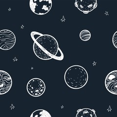 Simless pattern with planets in space. Vector illustration.