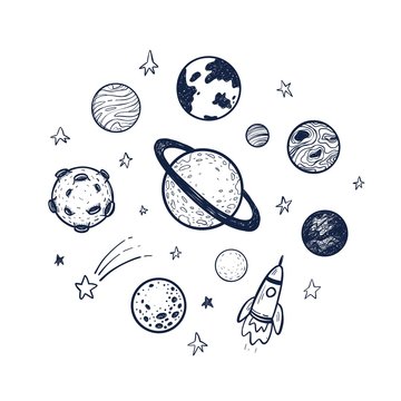 Simple set with planets in space. Vector illustration.