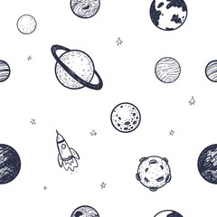 Simless pattern with planets in space. Vector illustration.