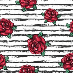 Seamless floral pattern with hand drawn roses and black stripes . Retro style. Vector illustration.