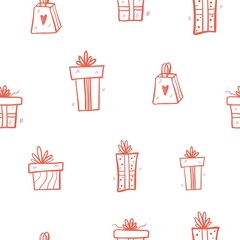 Seamless pattern with hand drawn doodle gift boxes with bows and ribbons.