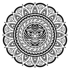 Circular pattern in form of mandala with Thunder-like Tiki is symbol-mask of God. Traditional ornaments of Maori people - Moko style. Vintage decorative tribal border from elements of African theme.