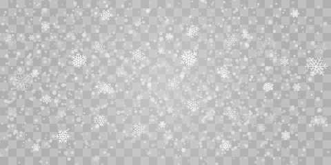 Vector heavy snowfall, snowflakes in different shapes and forms. Many white cold flake elements on transparent background. White snowflakes flying in the air. Snow flakes, snow background.