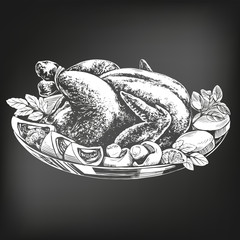 Roasted turkey, chicken,with ingredients hand drawn vector illustration sketch. chalk menu. retro style