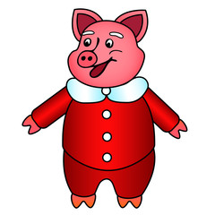 Symbol of the year pink Pig in new year's red fur coat smiling isolated on white background.