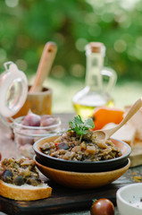 Traditional Caucasian saute from stewed eggplants, peppers, onions, tomatoes and herbs on the old background in rustic style