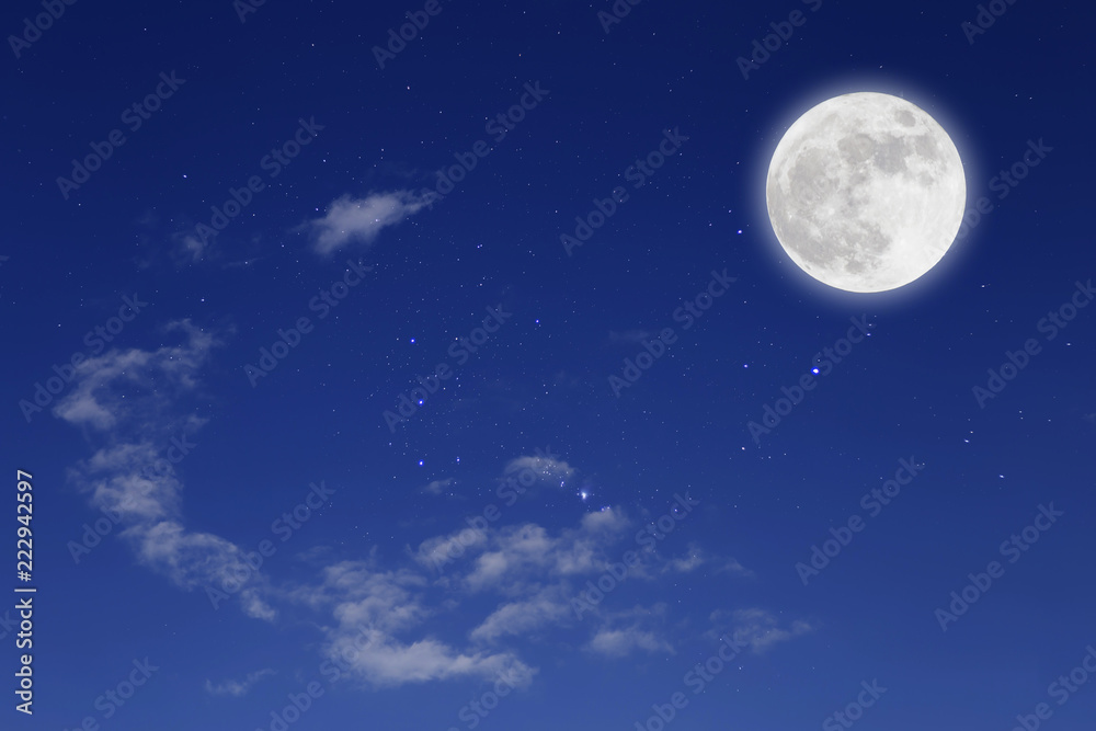 Wall mural romantic night with full moon in space over stars with cloudscape background.