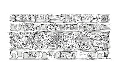 Bas-relief carving  Maya civilization, Temple Chichen Itza, Mexico. Sketch