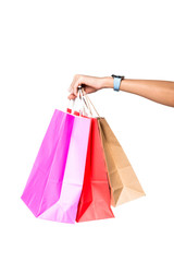 woman holding shopping bags isolated on white